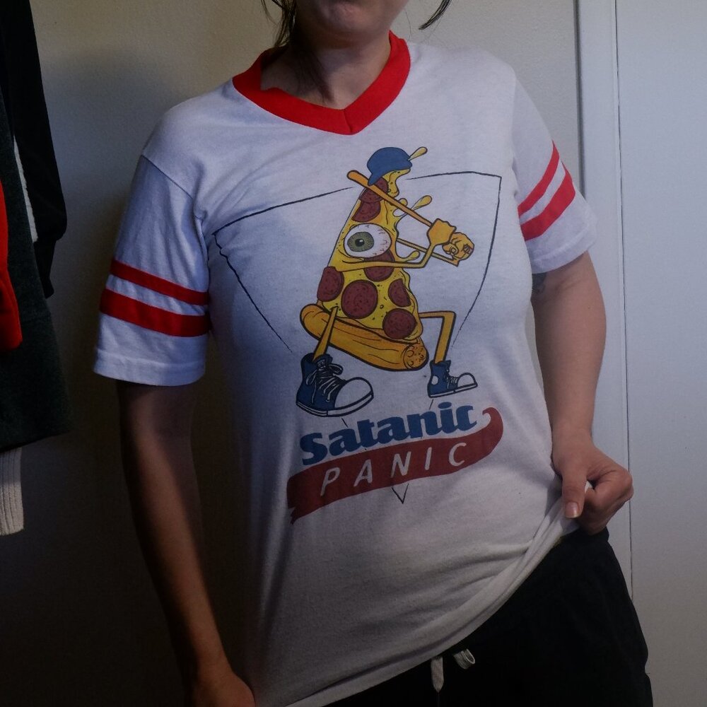 Satanic Panic Ringer Tee Pizza Baseball Funny